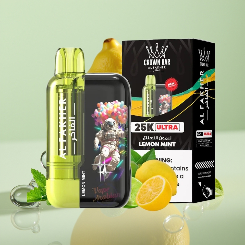 Al Fakher Crown Bar Ultra 25K Disposable Vape לימון נענע עם תצוגת LED וסליל משי